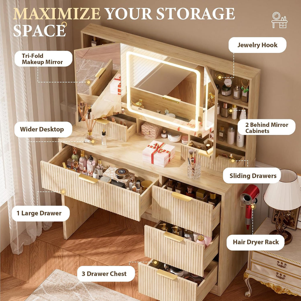 Vanity Desk with 3-Way Mirror and Lights, Makeup Vanity with 360° View Mirror, 3 Lighting Modes, 6 Drawers,Storage