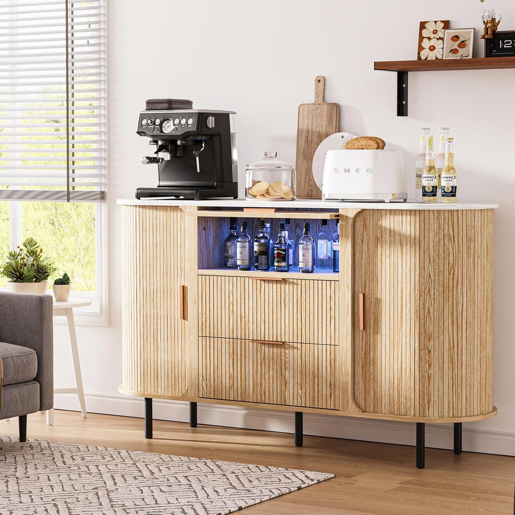 54" Modern Fluted Sideboard Buffet Cabinet with Storage, Oak | Mid Century Coffee Bar with Light & Slide Doors, 2