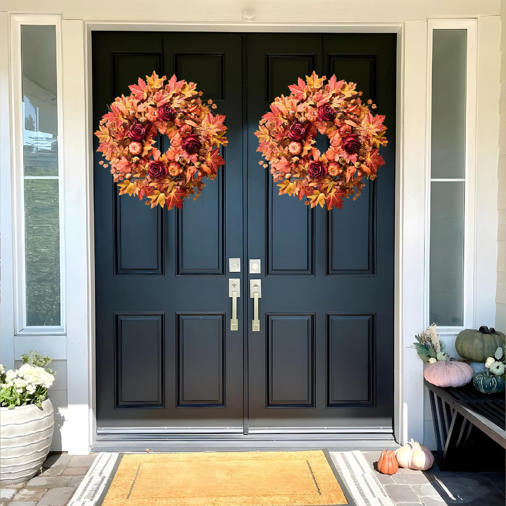 26" Large Artificial Fall Maple Leaves Wreath for Front Door, Autumn Orange