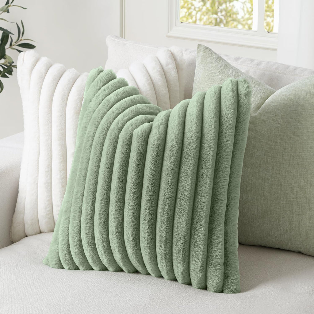 Faux Fur Decorative Throw Pillow Covers 18x18 Inch Set of 2, Modern Spring Home Decor Soft Plush Couch Pillows Cozy