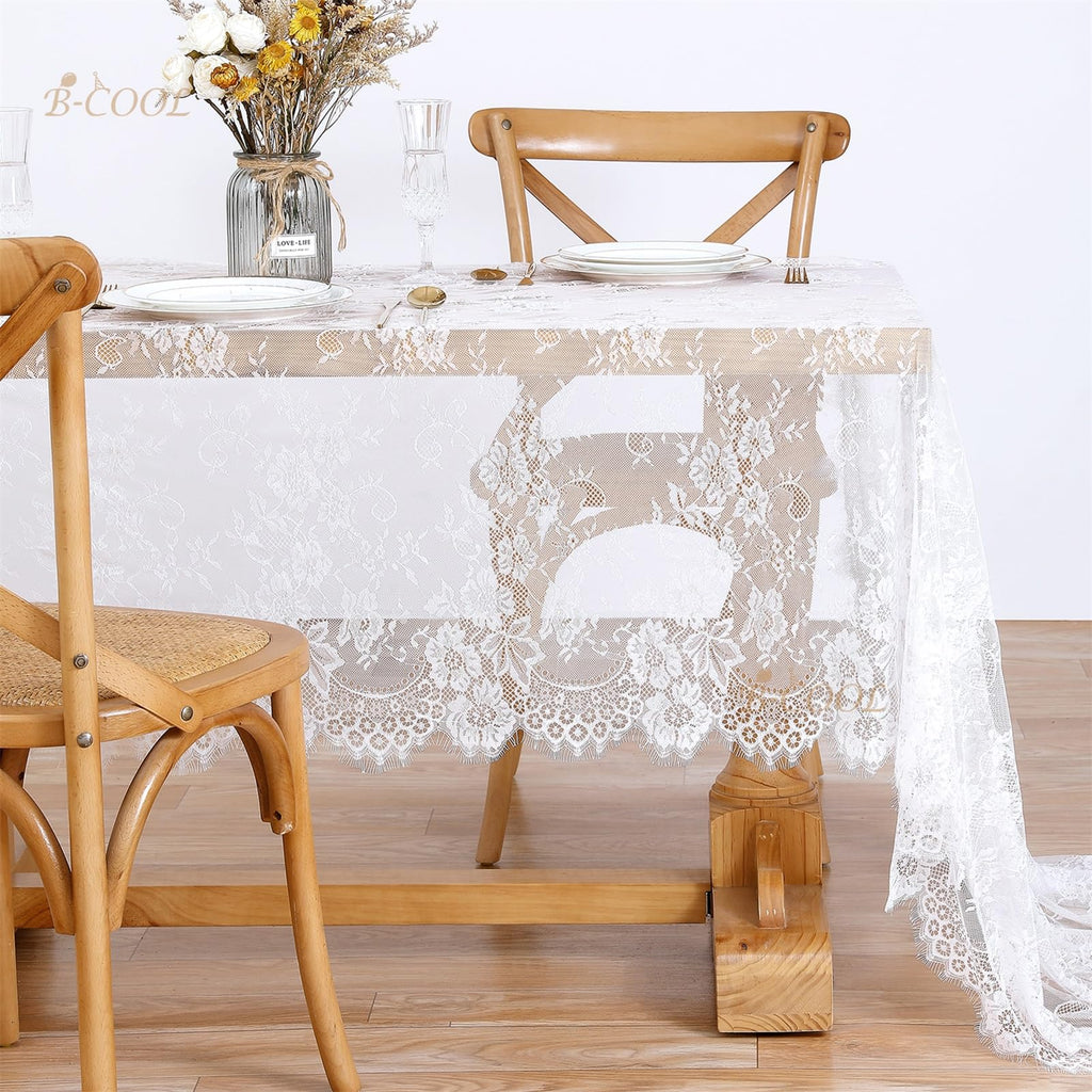White Lace Tablecloth 5 Pack 60 x 120 Inch Wedding Table Cloth Rustic Table Overlay Sheer Table Cloths for Vintage