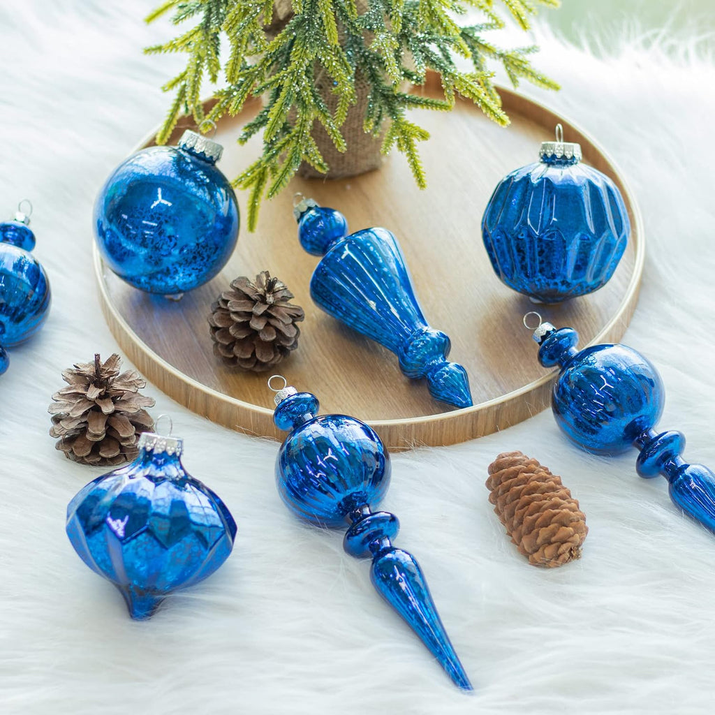 Finial Mercury Glass Christmas Ornaments Blue 4pcs 8-Inch Large Hanging Christmas Tree Decorations for Xmas Tree
