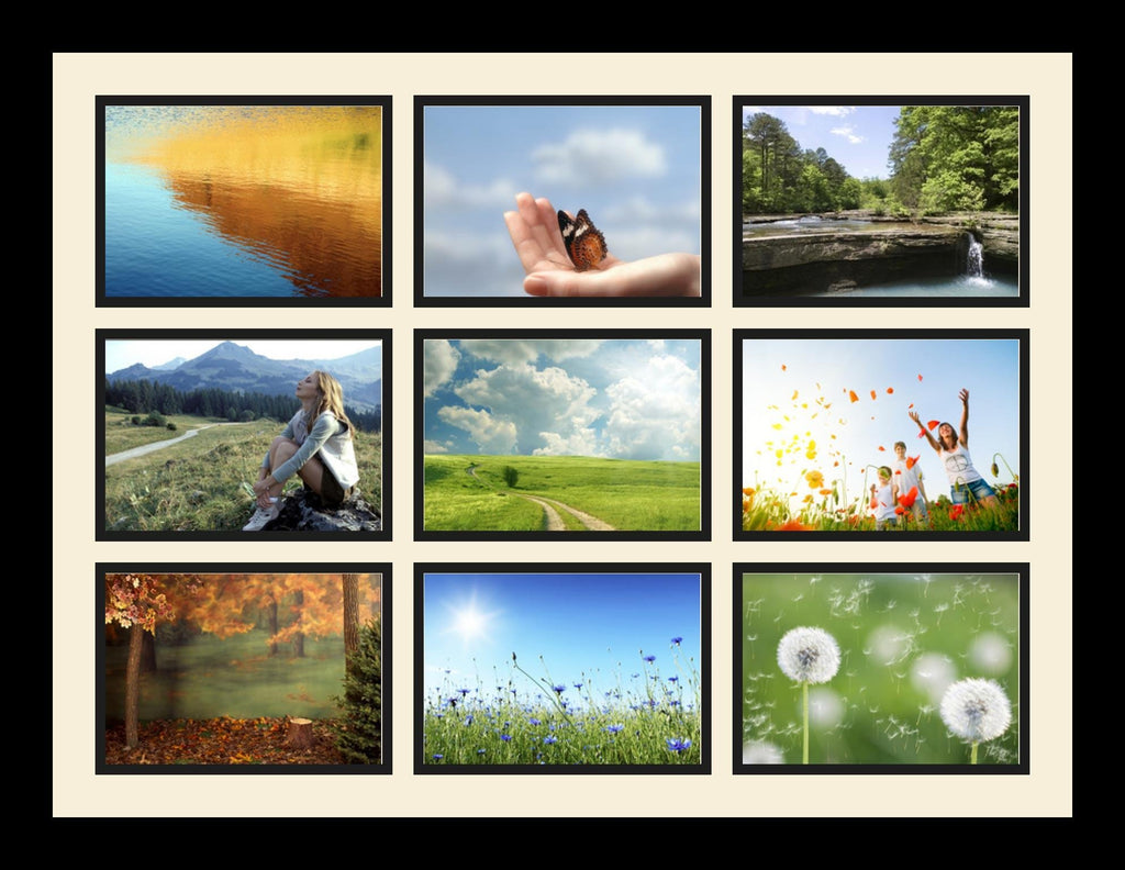 Collage Photo Frame Single Mat with 9-5x7 Openings with Satin Black Frame and Black mat.
