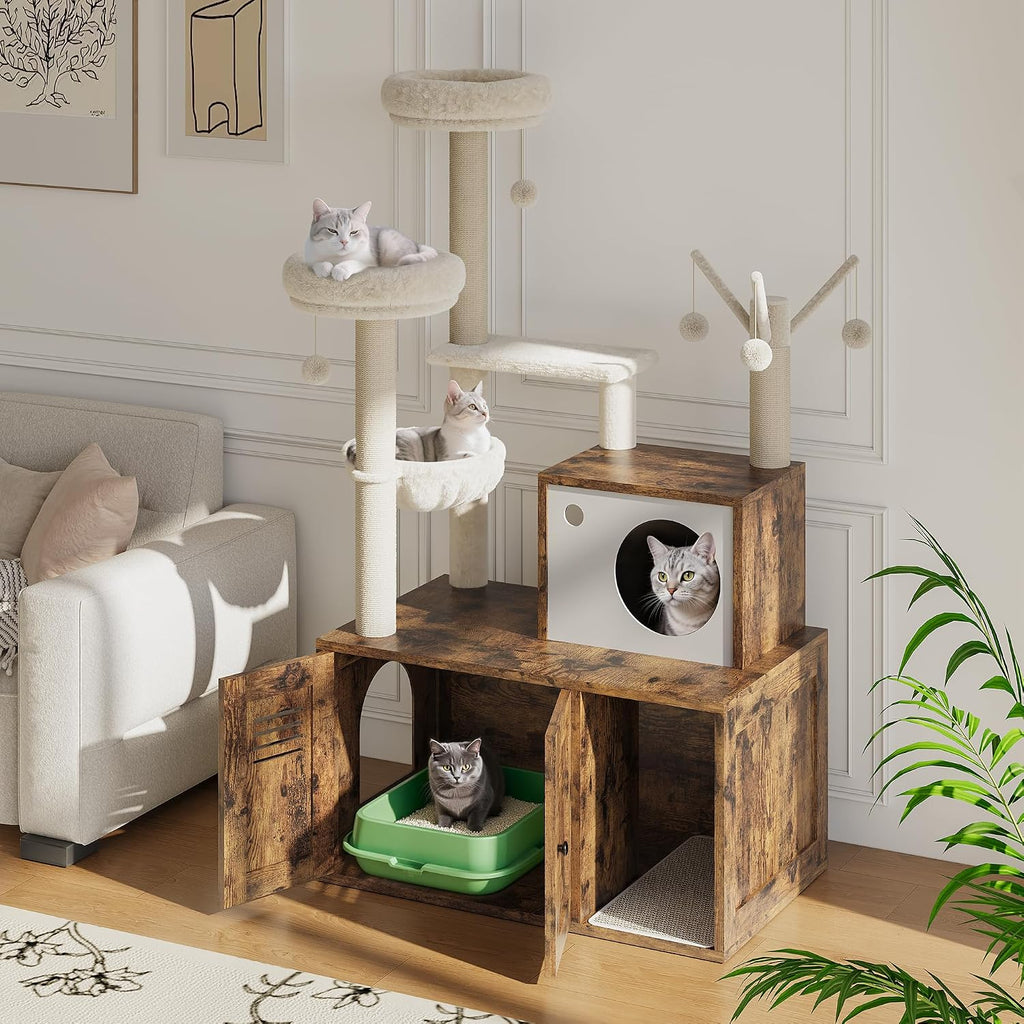 Cat Litter Box Enclosure with Tree Tower and Condo, Hidden Pet Washroom Furniture with Sisal Scratching Post, Hammocks