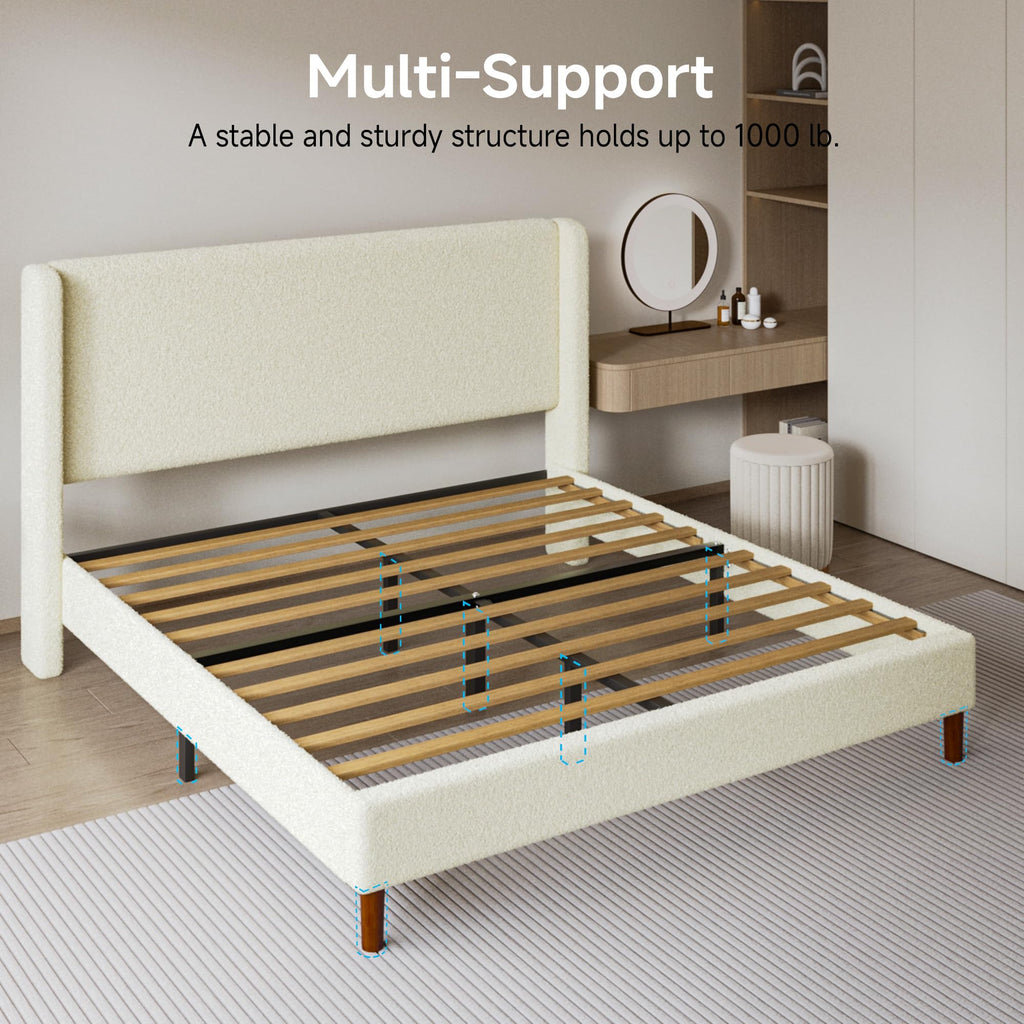 King Bed Frame, Boucle Upholstered Platform Bed with Iron & Wood, Beige