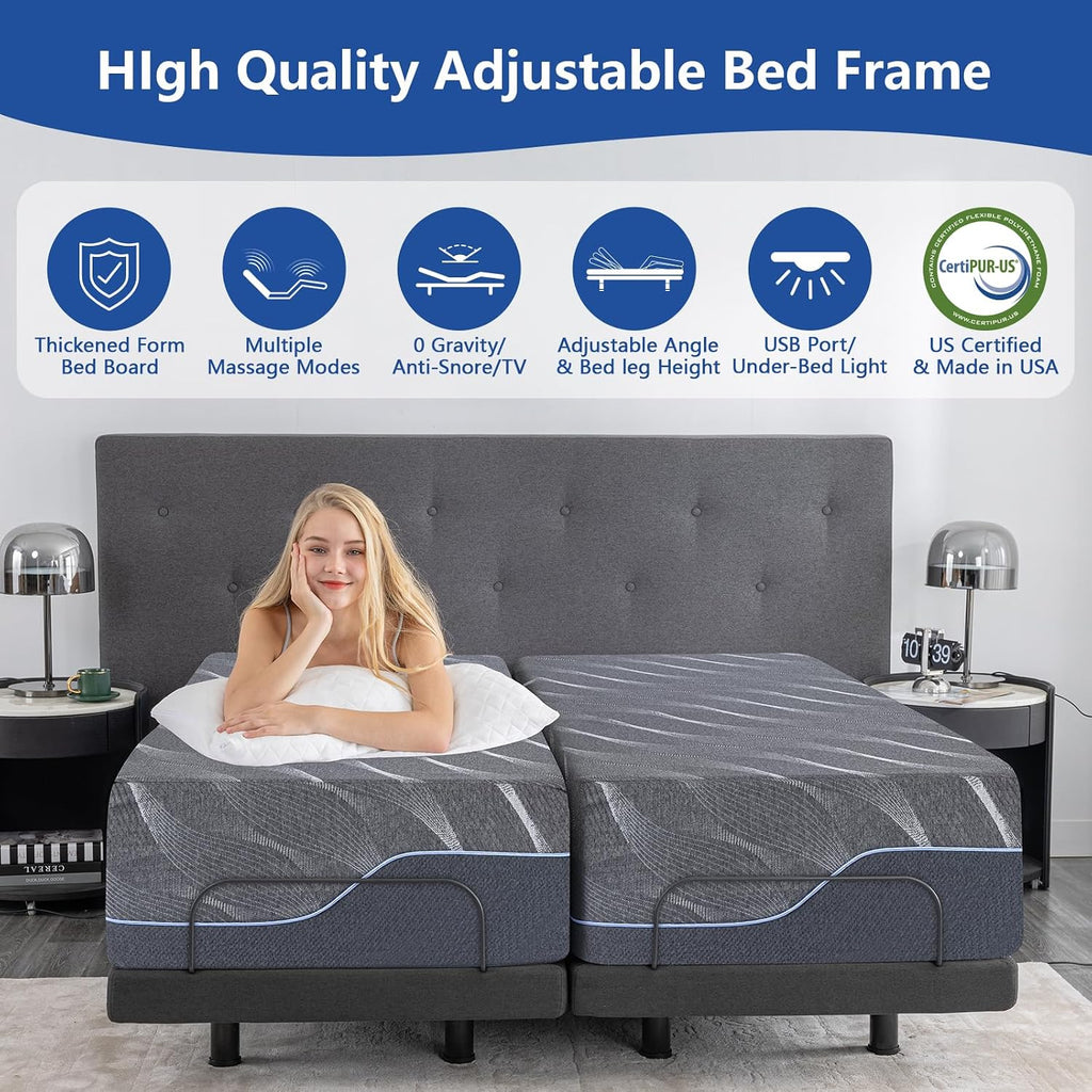 Split King Adjustable Bed Frame with Massage, 14 Inch Grey Gel Memory Foam Medium Firm Mattress in Box, Bed Base