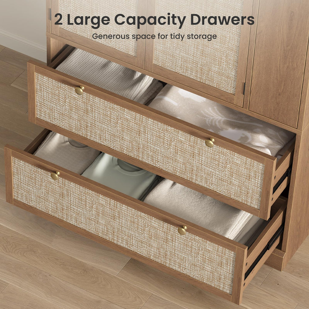 Rattan Wooden Armoire Wardrobe Closet with Pull-Out Side Storage