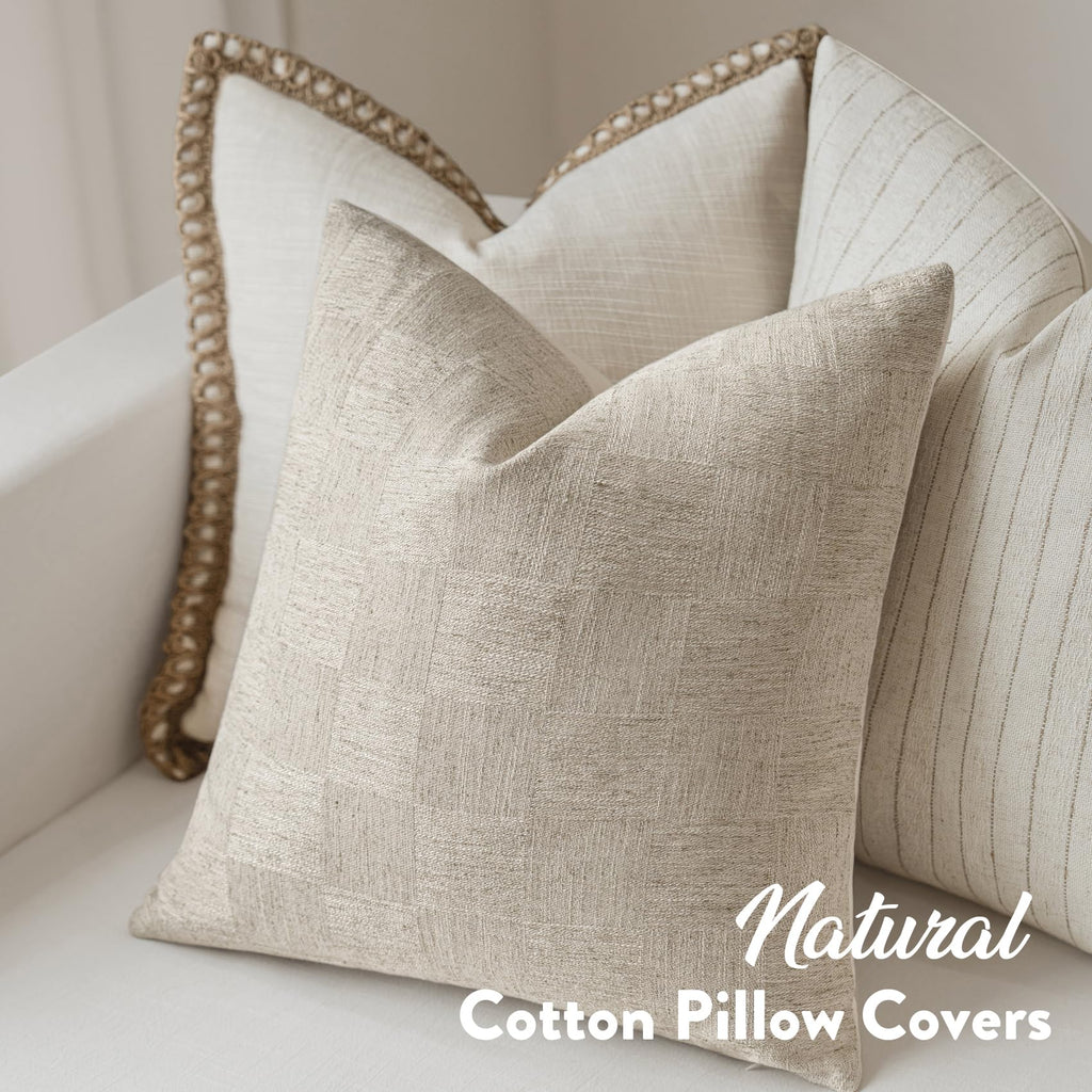 Decorative Neutral Check Throw Pillow Covers 20x20, Linen Check