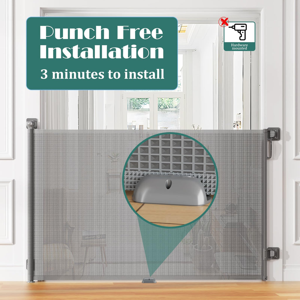 Retractable Baby Gate for Stairs, Dog Gate Indoor 55" Wide × 34" Tall Gray.