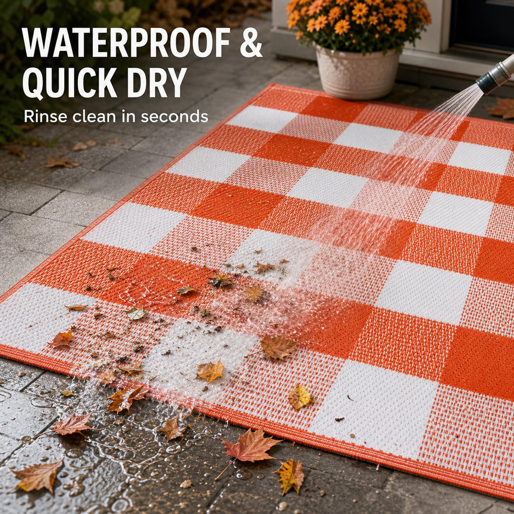 3 x 5 Ft Orange Buffalo Plaid Outdoor Rug Waterproof Reversible Mat