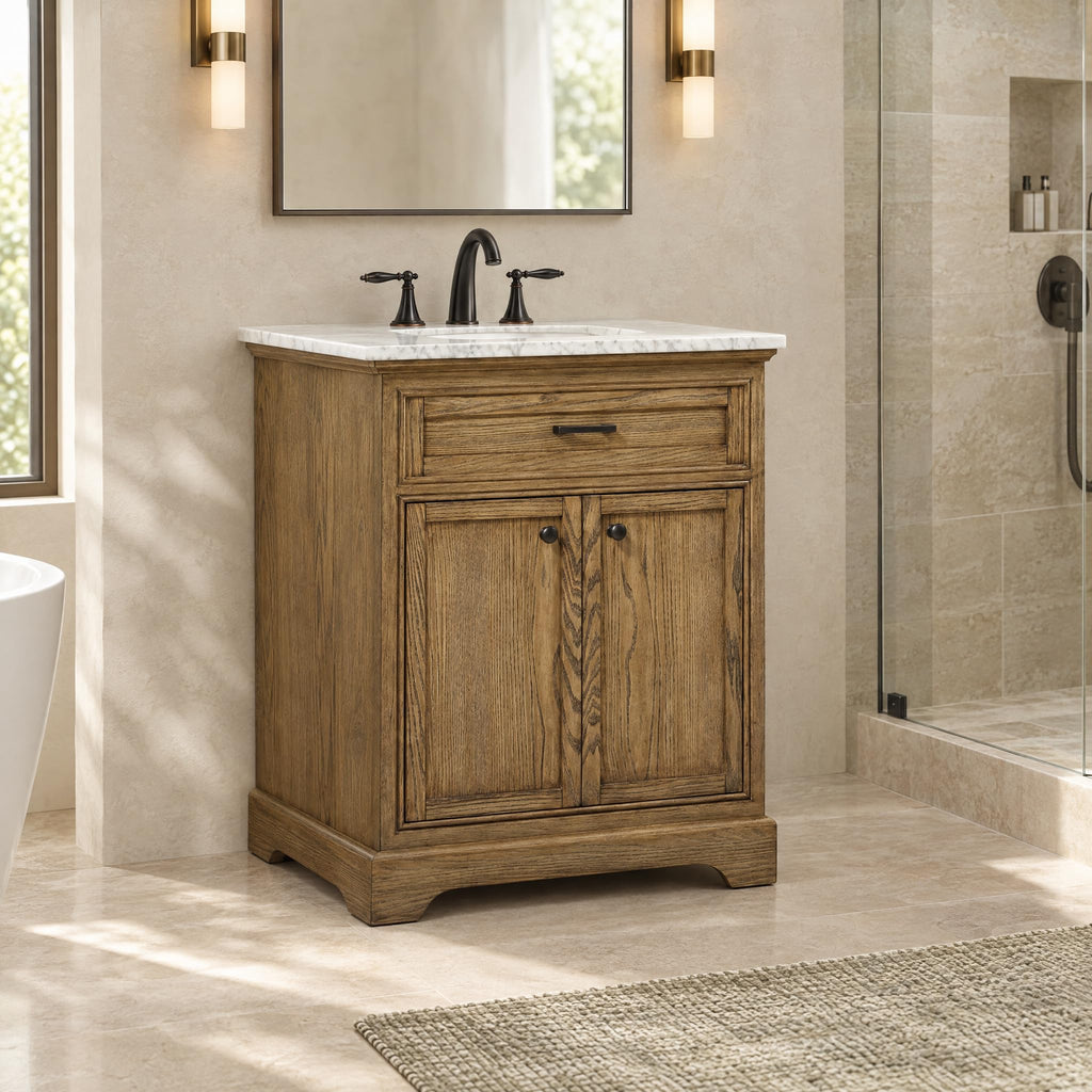 Comet 30" Pre-Assembled Bathroom Vanity with Sink, Solid Birch and MDF, Carrara White Marble Countertop Included