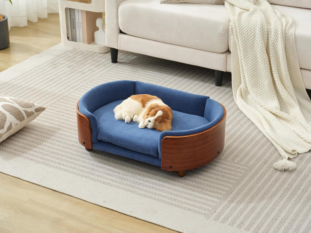 Scandinavian Style Elevated Dog Bed Pet Sofa with Solid Wood Legs and Walnut Bent Wood Back, Dark Blue Velvet, Mid Size