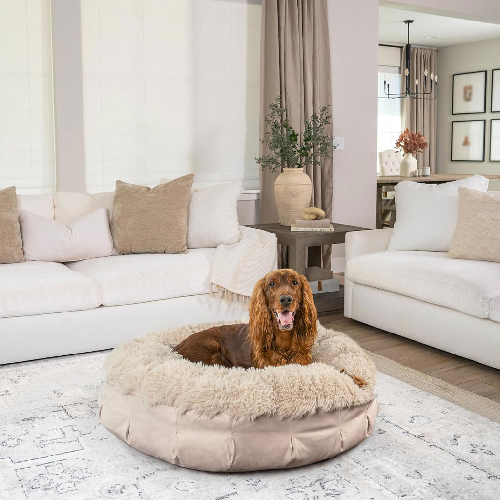 Ultra Calming Pouf Bed, Orthopedic Round Dog Bed for Joint Support, Faux Fur, Washable Cover, Tan, Large