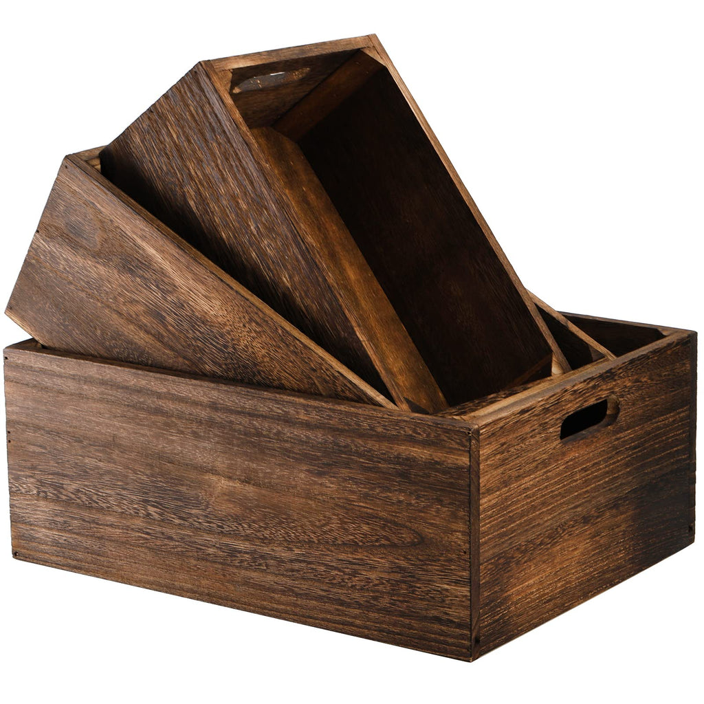 Set of 3 Wood Nesting Storage Crates with Handles, Decorative Farmhouse Wooden Crates Storage Containers Rustic