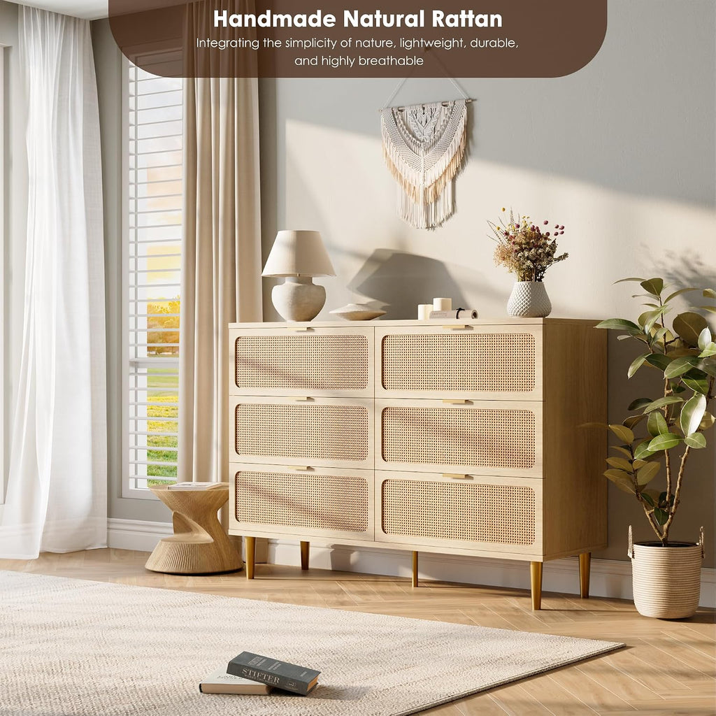 Rattan 6 Drawer Dresser , Large Double Dresser with Deep Drawers, Wooden Chest of Drawers for Closet with Wide Top