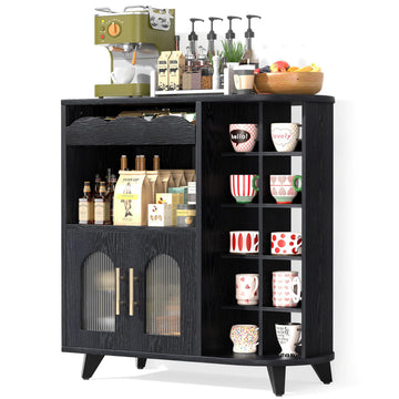 Coffee Bar Cabinet with 24-Cup Display, Large Drawer & Storage, Modern Buffet Sideboard, Medium Wooden Bar Station