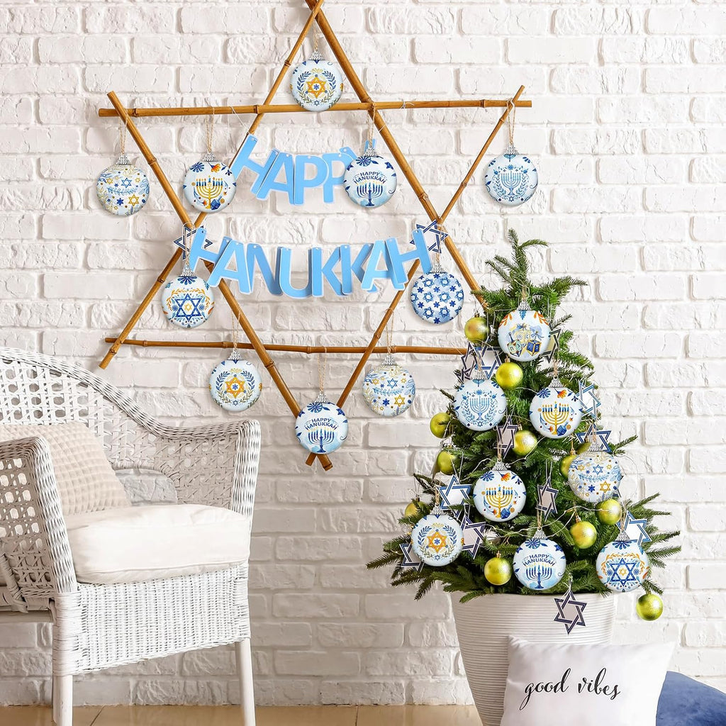Hanukkah Ball Ornaments Hanukkah Hanging Ornament for Tree Blue and White Jewish Christmas Decorations - Set of 16