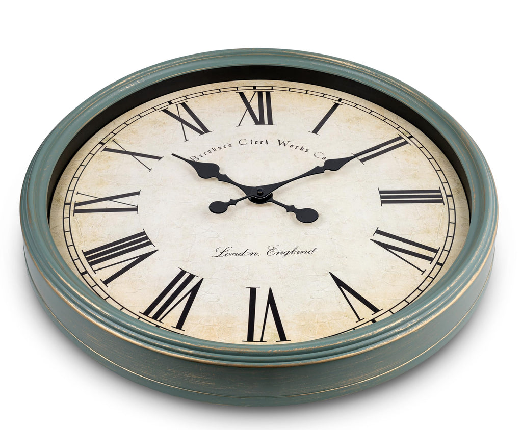 Large Decorative Wall Clock 20 Inch Silent Non Ticking Battery Operated Quartz Vintage Stylish with Rustic Green Rim