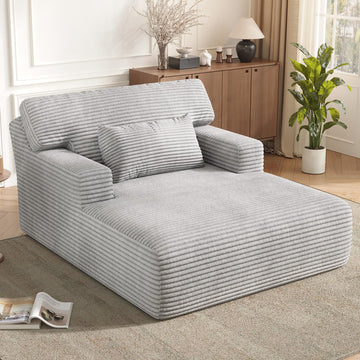 Oversized Corduroy Chaise Lounge Chair, Plush Upholstered Sleeper Chair with Back & Throw Pillow, No Assembly