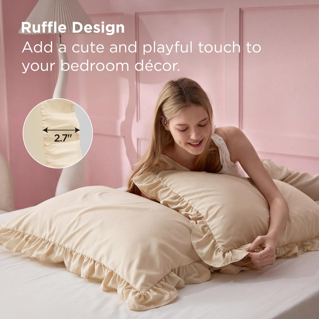Ruffle Pillow Cases Set of 2, Beige Pillow Shams