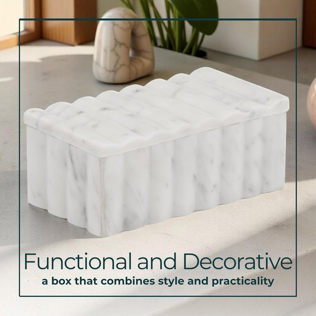 Marble Decorative Storage Box with Lid - Sculpted Fluted Home Organizer Keepsake Boxes for Jewelry - Chic Decorative