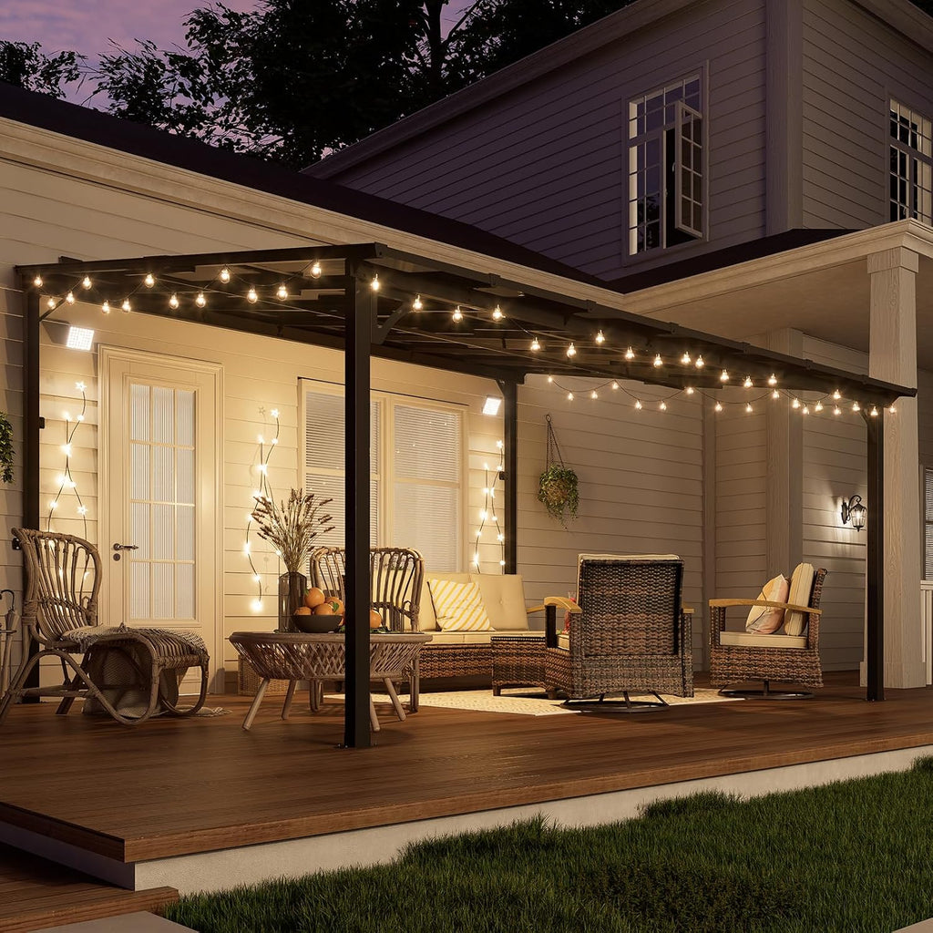 12' x 14' Wall-Mounted Lean-to Gazebo, Aluminum Pergola with Polycarbonate Roof & Solar Light – Black
