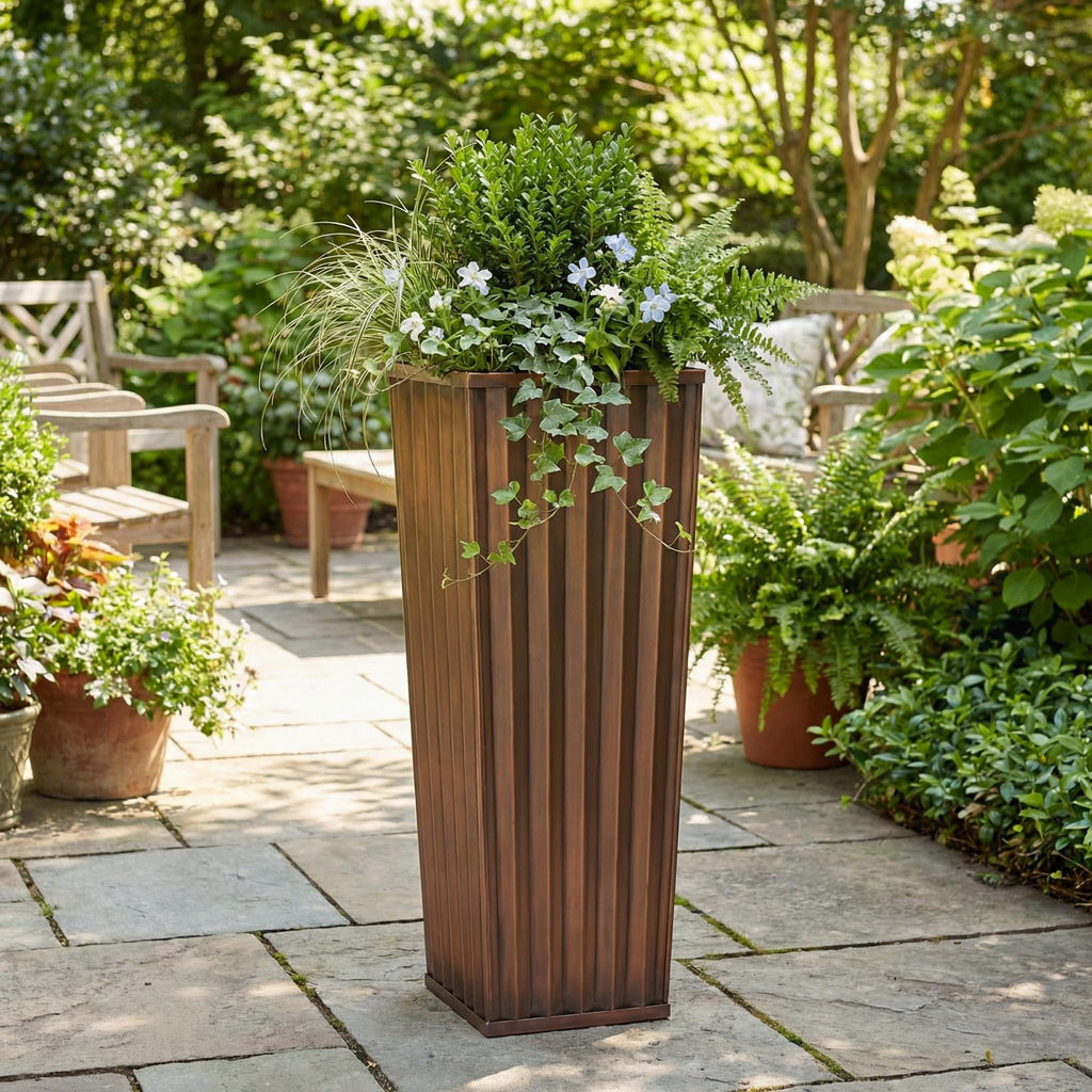 36 in Tall Ribbed Planter, Antique Copper Finish, Lift Out Insert
