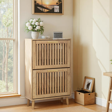 Shoe Cabinet with 2 Flip Slatted Drawers, Farmhouse Slim Shoe Organizer Rack with Golden Handles, Freestanding Hidden