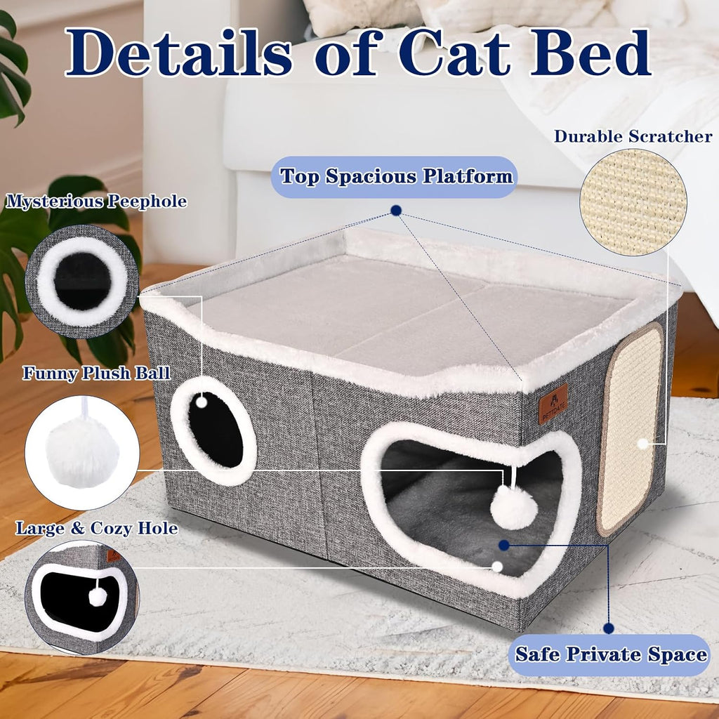 Extra Large Cat Beds for Indoor Cats, Covered Cat Cave Beds & Furniture with Scratch Pad and Fluffy Ball, Foldable