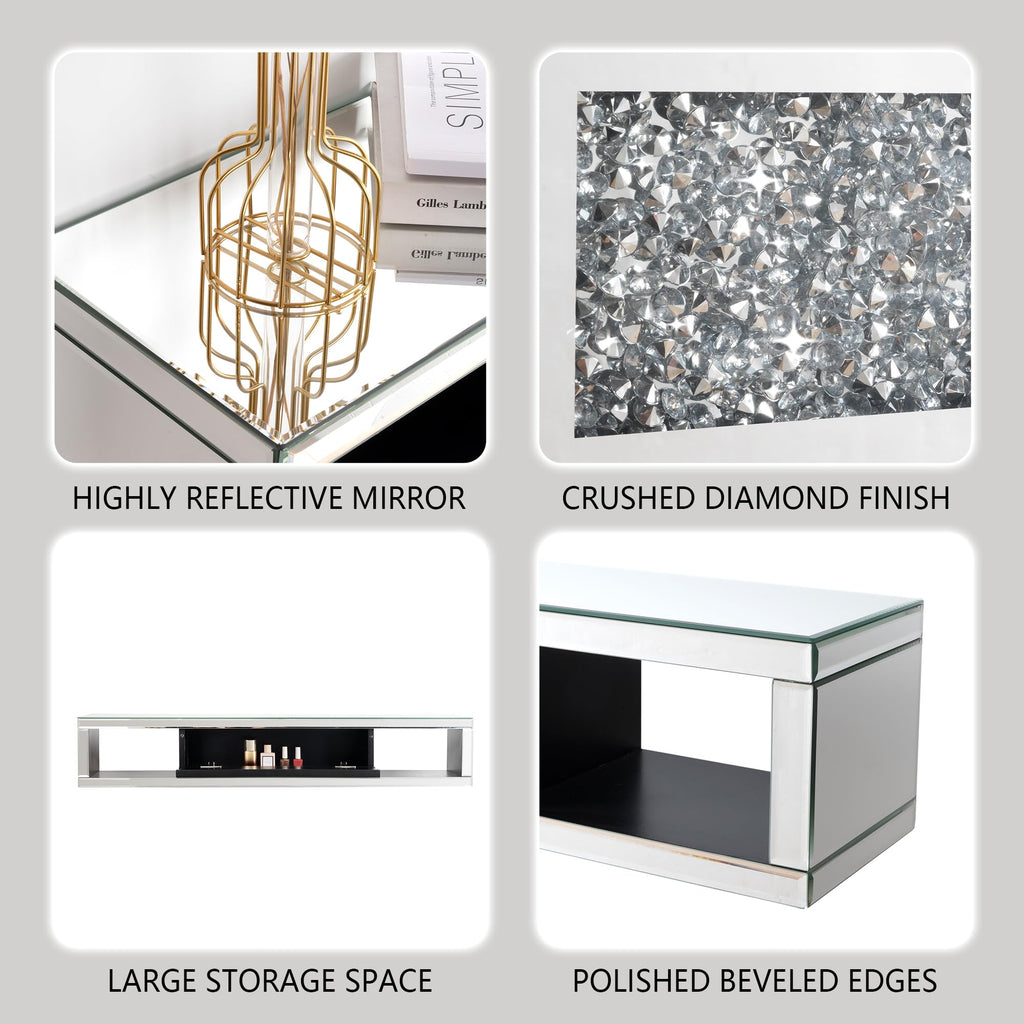 Mirrored Floating, 47 1/2" Wall Mounted Floating TV Shelf with Crushed Diamonds, Glass Floating Entertainment Center