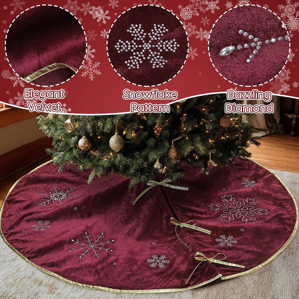 Burgundy Velvet Tree Skirt 60 Inch, Gold Snowflake Rhinestone