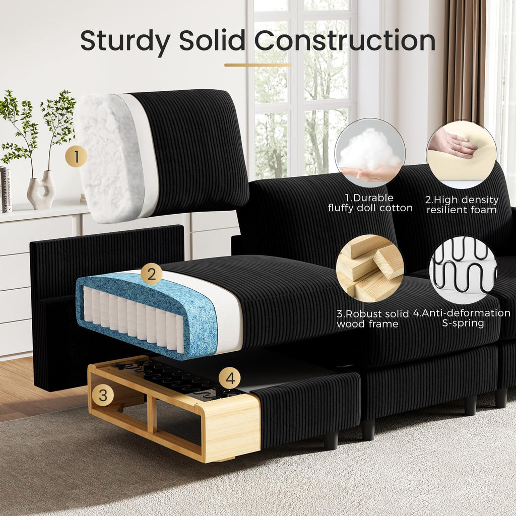 3 Seat 83'' Sofa Couch - Modular Sectional Small Couch with Storage Ottoman, Convertible L Shaped, Modern Reversible