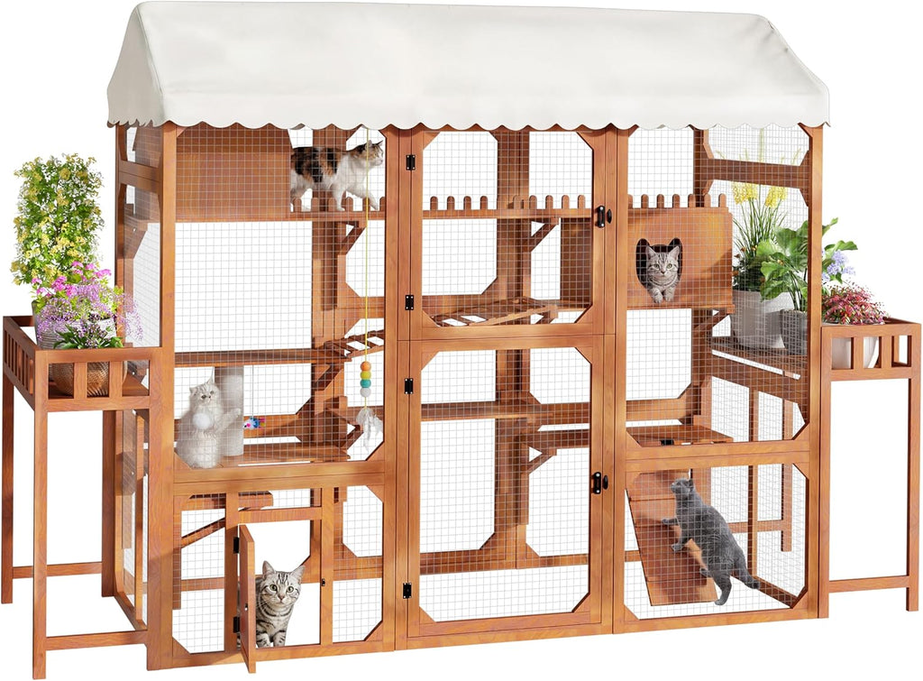 Large Outdoor Cat Enclosure Wooden Catio with Multi-Level Play Platforms, Climbing Ramps, Resting Boxes, Pom-Pom Toys