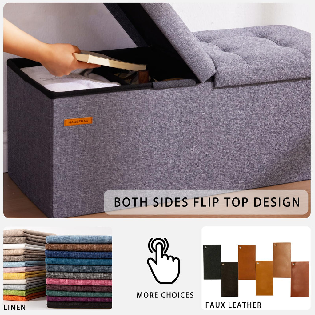 Ottoman with Storage Bench Folding Foot Rest Stool Linen Gold