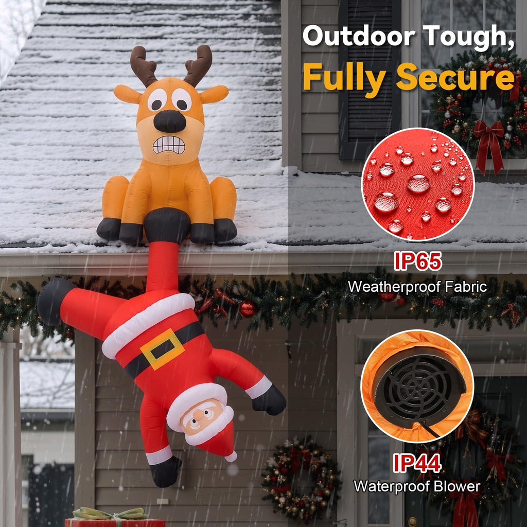 8FT Christmas Inflatable Decoration, Hanging Inflatables Santa Pulled by Reindeer Blow Up Yard Decor with Built-in