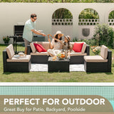 Patio Furniture Sets 6 Pieces Outdoor Sectional Rattan Sofa Manual Weaving Wicker Patio Conversation Set with Glass