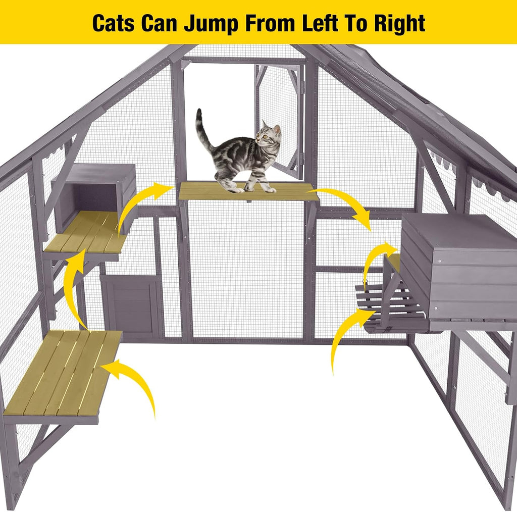 Cat House Outdoor Catio Kitty Enclosure with Super Large Enter Door, Wooden Cat Cage Condo Indoor Playpen