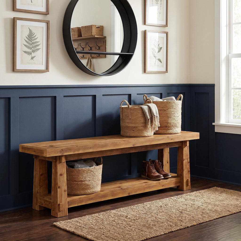 55" Wood Entryway Bench with Shoe Storage, Rustic Dining Bench