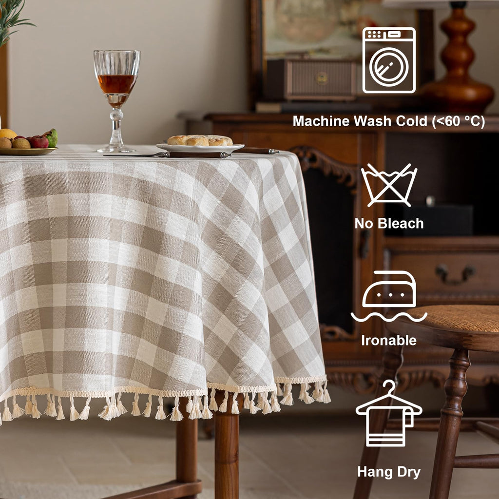 Thanksgiving Gingham Tablecloth Round 60 inch, Outdoor Washable Checkered Plaid Table Cloth Cotton Linen Fabric