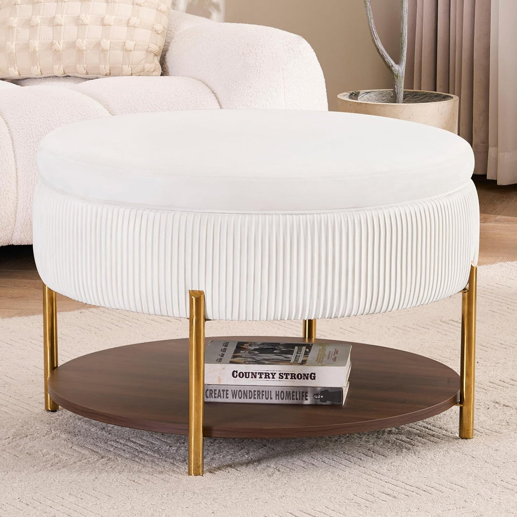 28.5 Inch Round Coffee Table Ottoman with Storgae | Modern Large Upholstered Circle Storgae Ottoman with Removable