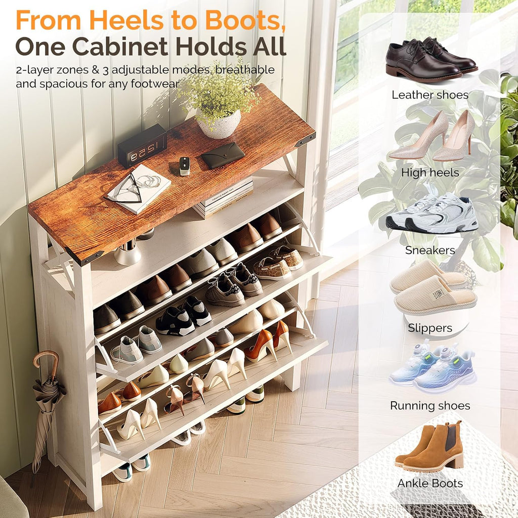 Farmhouse Shoe Cabinet with 2 Flip Drawers, Slim Entryway Shoe Storage Organizer with Open Shelf, Freestanding Wood