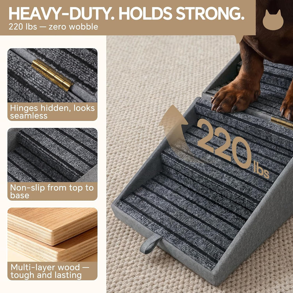 2-in-1 Wooden Pet Stairs & Ottoman 17" H Foldable Dog Ramp with Solid Wood Frame & Tech Cloth Surface Pet Footstool