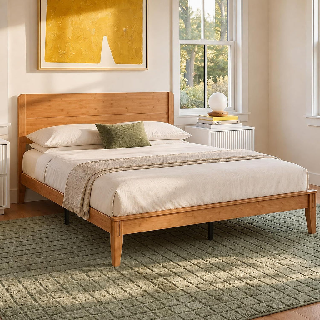 Japanese Joinery Bamboo Bed Frame, Platform Bed with Headboard