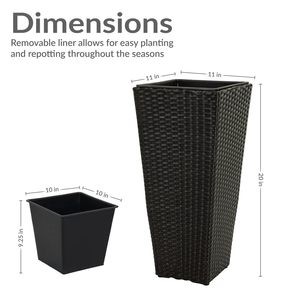 20" Square Tall Wicker Outdoor Planter, Black, 2pk