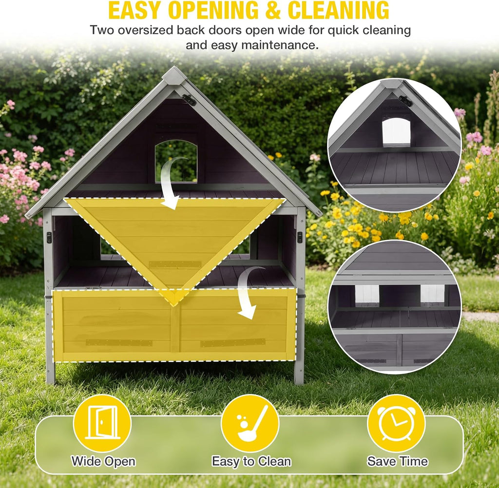 Extra Large 2-Tier Wooden Outdoor Cat House Weatherproof with Sun Balcony & 3 Escape Doors, Solid Wood Feral Cat