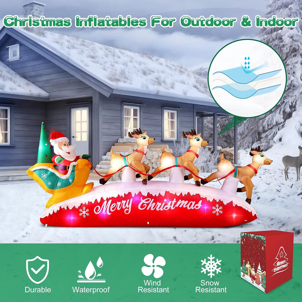 Christmas Inflatables 10 FT Long Santa Sleigh and Reindeer Decor