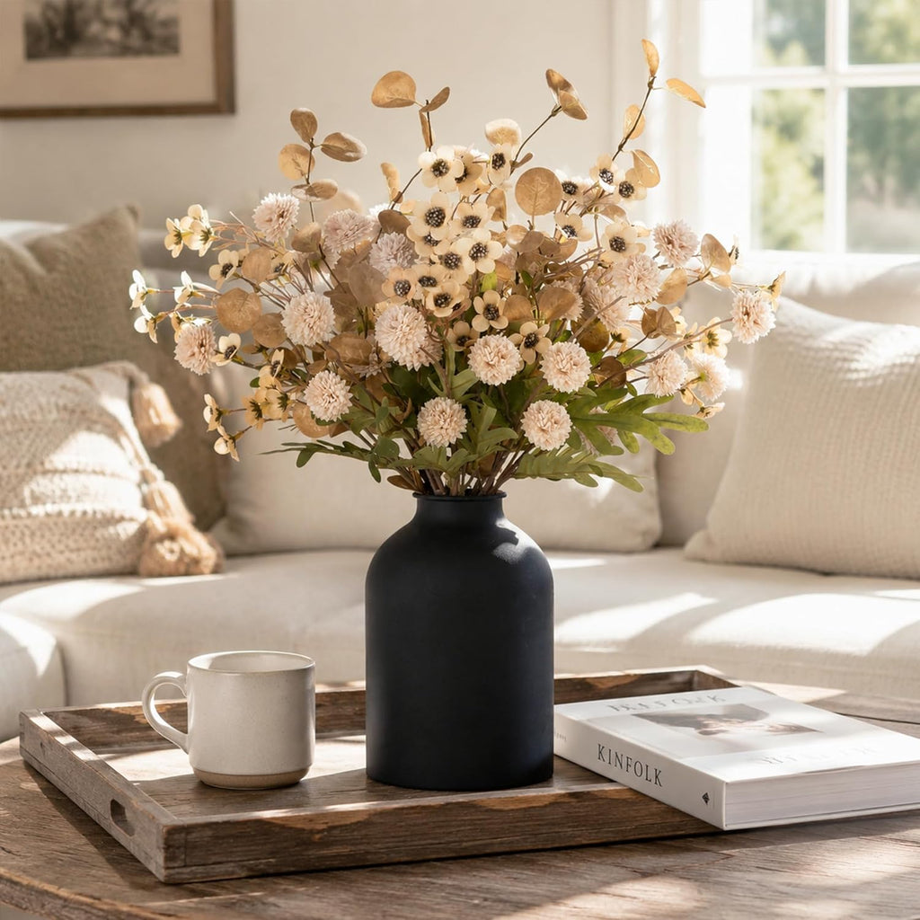Beige Faux Flowers in Vase for Dining Table Centerpiece Decor | With Metal Vase 12 Stems of Fake Mums, Wax