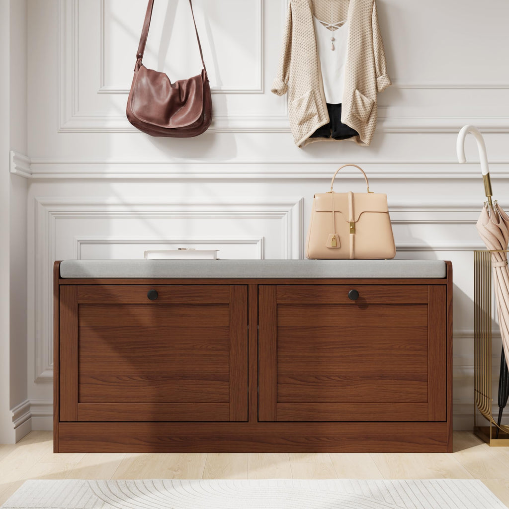 Brown Modern Entryway Bench with 2 Flip Drawers, Entryway Shoe Bench with Padded Seat Cushion, Wooden Storage Bench