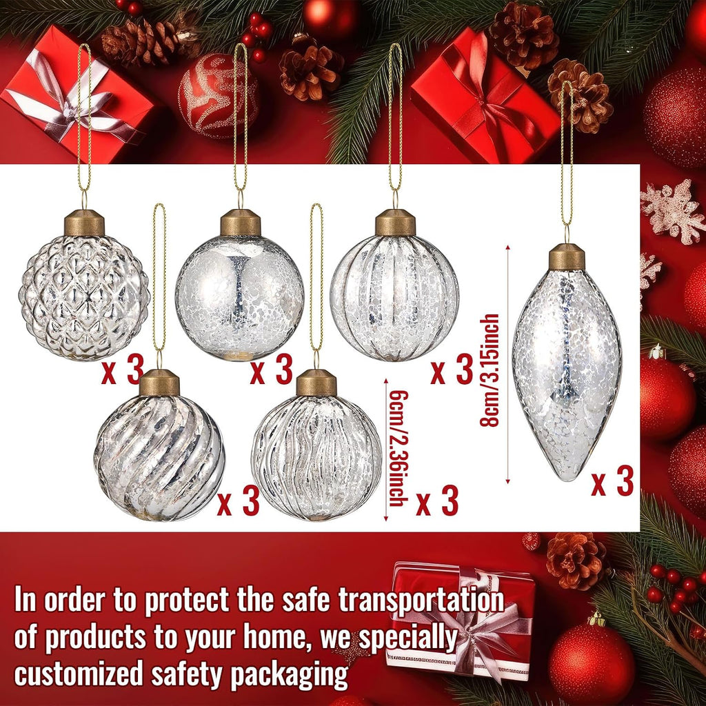 18 Pcs Silver Christmas Mercury Glass Balls Ornaments, 6 Styles