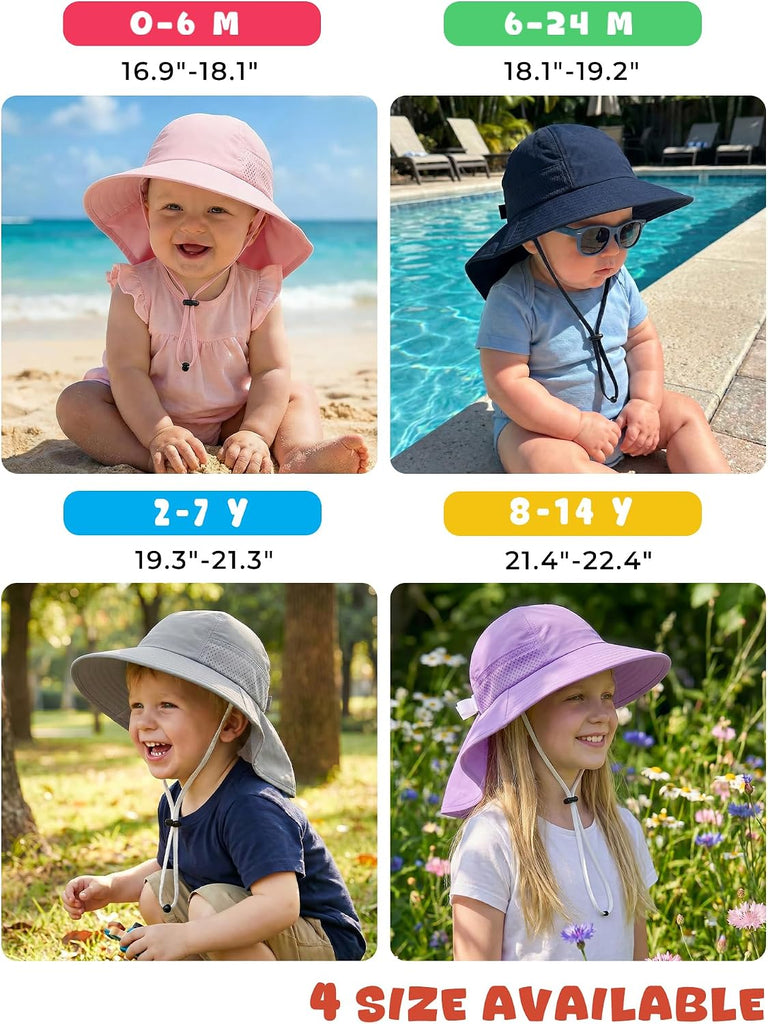 Toddler Baby Sun Hat Kids Summer Beach Essentials Adjustable Beach Hats with Bucket Wide Brim for Boys Girls Age 0-14